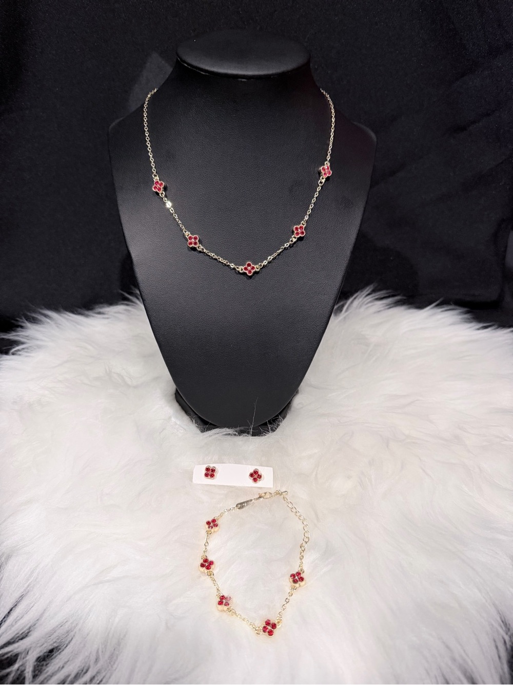 Gold Plated Necklace, Bracelet & Stud Earrings Set with Red Flower Accents